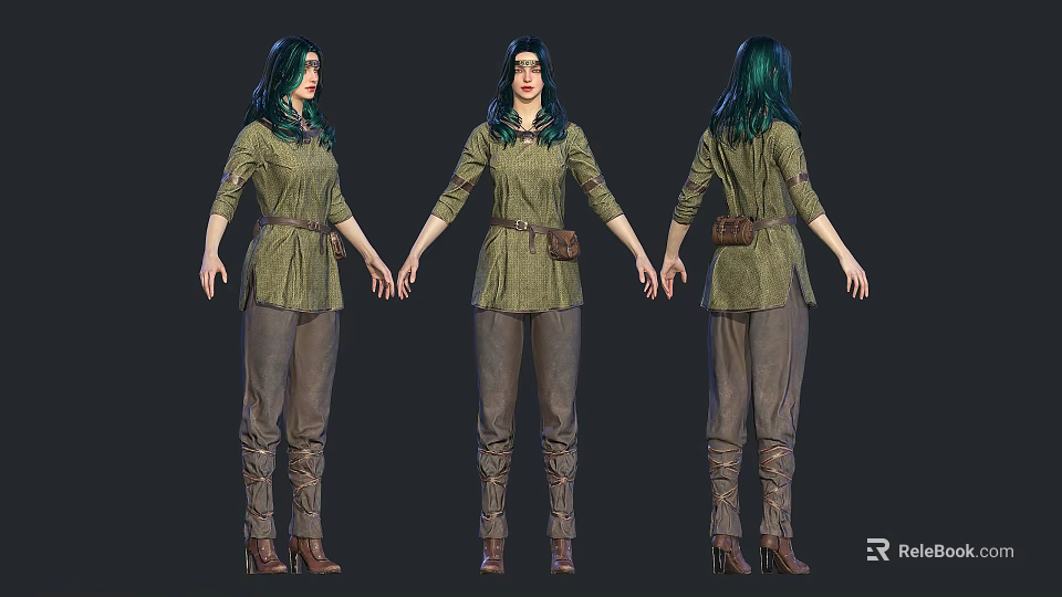 Female Character Design With Green Hair Green Top Brown Pants Waist Bag And Brown Boots 3d model 
