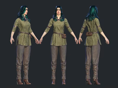 Female Character Design With Green Hair Green Top Brown Pants Waist Bag And Brown Boots 3d model