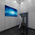 Modern Elevator Hallway Interior Design With Exhibition Panels And Marble Floor