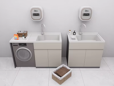 Laundry Room Setup With Double Sinks Washing Machine Cleaning Supplies And Basket 3d model