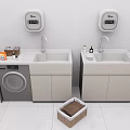 Laundry Room Setup With Double Sinks Washing Machine Cleaning Supplies And Basket