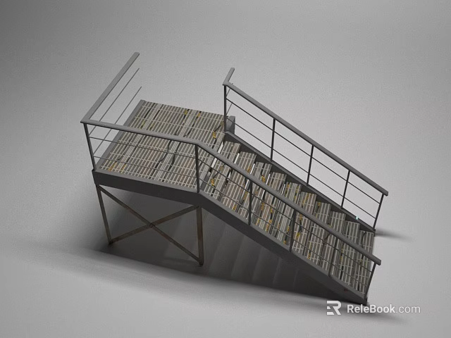 Industrial Metal Staircase Design With Grated Steps And Metal Handrails 3d model 
