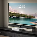 Modern Wall Mounted TV with Scenic Landscape Display TV Stand and White Media Device