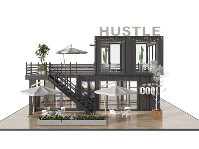 Modern Container Building With Outdoor Terrace Staircase Umbrellas Cool Hustle Signs And Plants 3d model