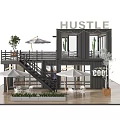 Modern Container Building With Outdoor Terrace Staircase Umbrellas Cool Hustle Signs And Plants