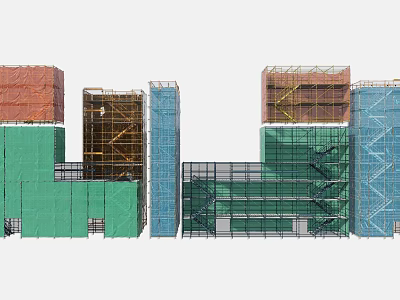 Industrial Equipment for Construction Site with Scaffolding Green Blue Orange Safety Netting and Metal Frames 3d model
