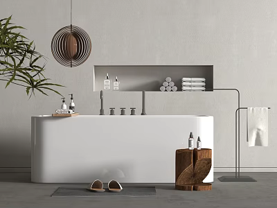 White Bathtub in Modern Bathroom With Pendant Light Green Plant Towels Toiletries And Wooden Stool 3d model