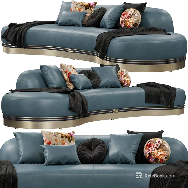 Stylish Blue Irregular Shaped Sofa With Decorative Pillows And Black Throw Blanket 3d model 