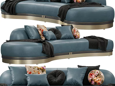 Stylish Blue Irregular Shaped Sofa With Decorative Pillows And Black Throw Blanket 3d model