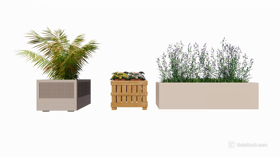 Stylish Garden Planters Featuring Tropical Greenery Colorful Blooms and Lavender in Wood and Concrete Designs 3d model 
