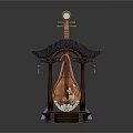 Cartoon Scene of Traditional Chinese Pipa with Architectural Roof and Wooden Base Steps
