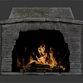 Rustic Stone Fireplace With Burning Flames And Natural Stone Interior Design 3d model