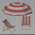 Red and White Striped Sun Umbrella with Two Folding Chairs for Outdoor Leisure