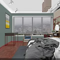 Modern Desk Setup With Red Chair Small Potted Plant And Decorative Wall Patterns
