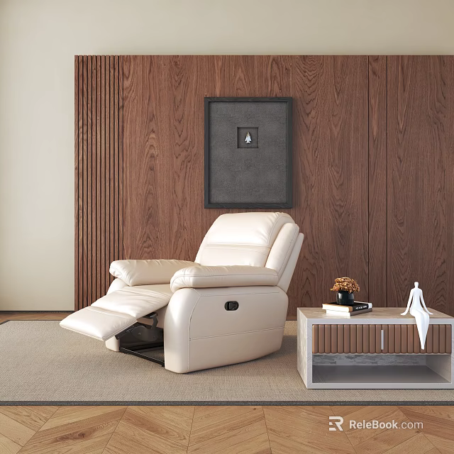 Cream Leather Recliner Chair With Adjustable Footrest By Wooden Wall And Side Table 3d model 