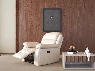 Cream Leather Recliner Chair With Adjustable Footrest By Wooden Wall And Side Table 3d model