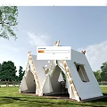 White Canvas Triangle Tent In Outdoor Grassland With String Lights And Trees 3d model