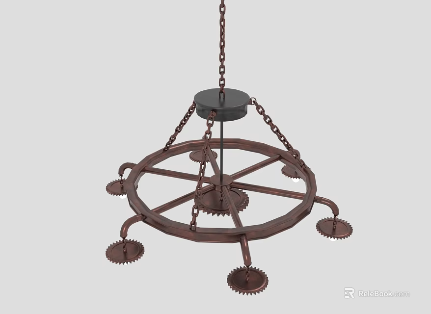 Copper Gear Design Chandelier With Circular Frame And Chain Suspension 3d model 