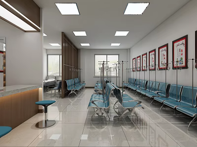 Hospital Waiting Area With Blue Chairs Wall Paintings And Reception Desk 3d model