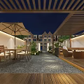 Modern Garden Landscape At Night Featuring Wooden Screen Mountain Pattern Green Plants And Lanterns