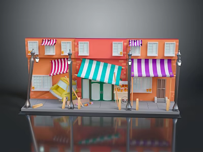 Miniature Model Street Scene With Orange Buildings Colorful Awnings Street Lamps Tables And Chairs 3d model