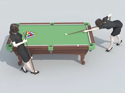 Two Women Playing Billiards On Green Pool Table With Cue Sticks 3d model