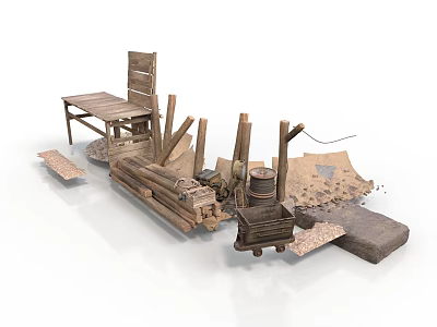 Old Wooden Furniture And Tools With Table Chair Cart Planks And Barrels 3d model