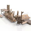 Old Wooden Furniture And Tools With Table Chair Cart Planks And Barrels