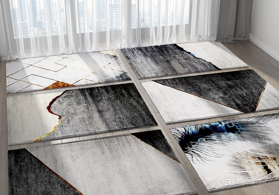 Elegant Square Rugs With Abstract Geometric And Feather Patterns For Modern Interiors 3d model