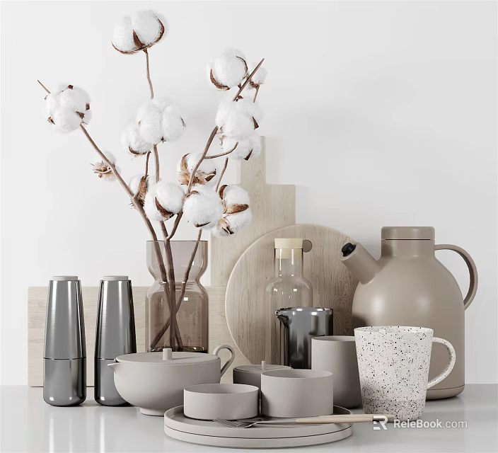 Neutral Toned Kitchenware Collection With Ceramic Mugs Wooden Tray And Cotton Branch Decor 3d model 