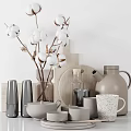 Neutral Toned Kitchenware Collection With Ceramic Mugs Wooden Tray And Cotton Branch Decor