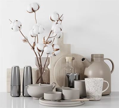 Neutral Toned Kitchenware Collection With Ceramic Mugs Wooden Tray And Cotton Branch Decor 3d model