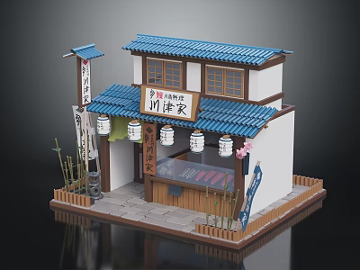 Traditional Japanese Building with Blue Tiled Roof White Walls Wooden Storefront and Hanging Lanterns 3d model