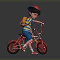 Boy With Red Cap Blue Yellow Striped Shirt Blue Shorts Orange Backpack Riding Red Bicycle