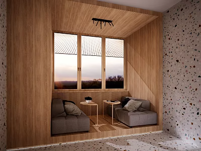 Cozy Lounge Area With Wooden Walls Windows Blinds Sunset View Gray Sofas And Side Tables 3d model