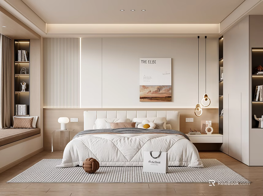 Modern Bedroom Interior Design With Bed Rug Decorative Painting And Pendant Lights 3d model 