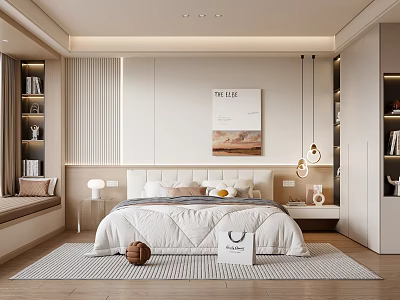 Modern Bedroom Interior Design With Bed Rug Decorative Painting And Pendant Lights 3d model