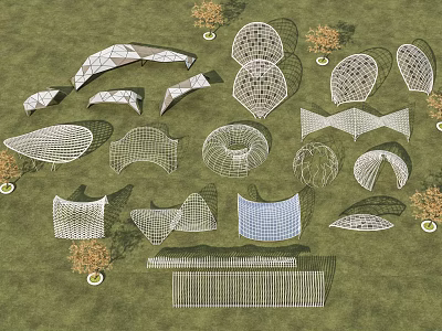 Modern Outdoor Pergola Structures With Various Intricate Netlike Curved And Geometric Designs 3d model