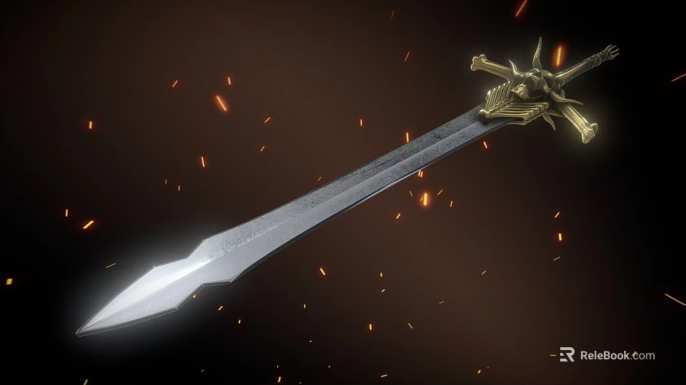 Ornate Fantasy Sword With Golden Hilt And Engraved Blade Surrounded By Sparks 3d model 
