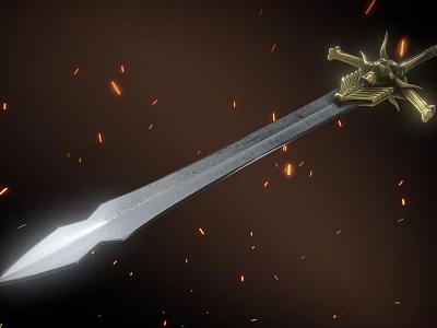 Ornate Fantasy Sword With Golden Hilt And Engraved Blade Surrounded By Sparks 3d model