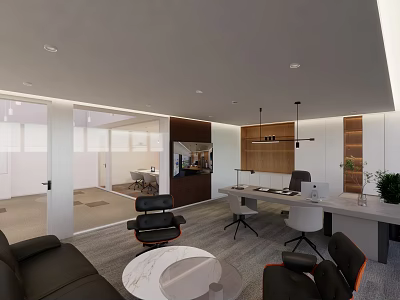 Modern Office Interior With Sofa Desk Chairs Glass Partitions And Hanging Lights 3d model