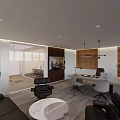Modern Office Interior With Sofa Desk Chairs Glass Partitions And Hanging Lights