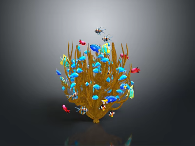 Vibrant Small Colorful Fish Swimming Around Yellow Branching Coral in Marine Underwater Scene 3d model
