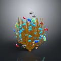 Vibrant Small Colorful Fish Swimming Around Yellow Branching Coral in Marine Underwater Scene