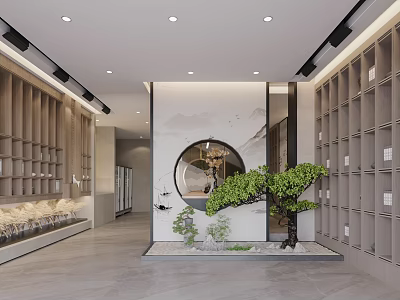 Minimalist Tea House Interior With Circular Mirror Landscape Painting Green Plant And Wooden Shelves 3d model