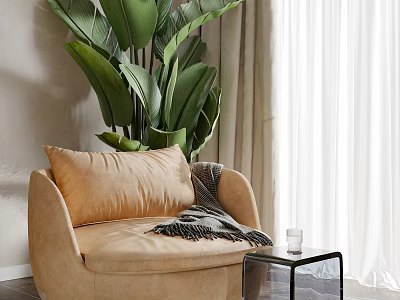 Beige Fabric Stool In Cozy Living Room With Green Plants And White Curtains 3d model