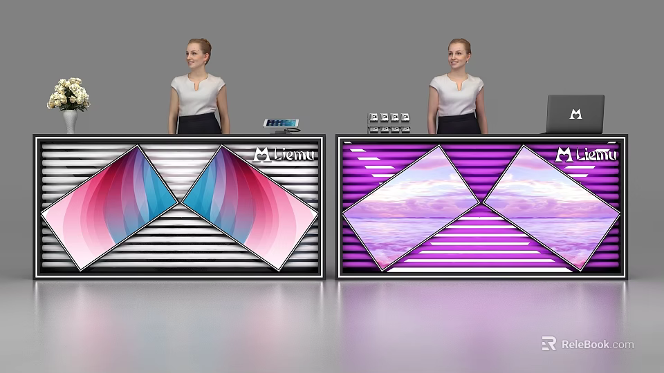 Modern Reception Desk With Colorful Geometric Panels And Brand Logo Design 3d model 