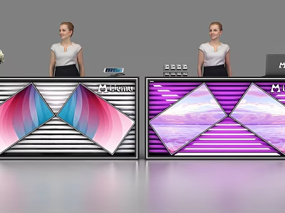 Modern Reception Desk With Colorful Geometric Panels And Brand Logo Design 3d model