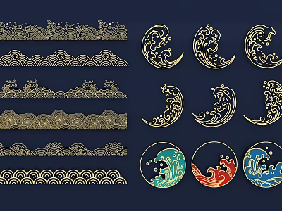 Traditional Golden Wall Decor With Wave Patterns Moon Shapes And Circular Designs 3d model