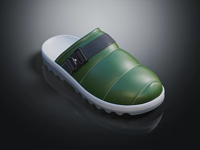 Green Quilted Leather Clogs with White Sole and Black Buckle Strap Comfortable Casual Footwear 3d model